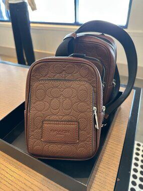 NWT Coach CDC45 Men's Racer Sling Pack In Signature Leather Vintage Brown/Silver